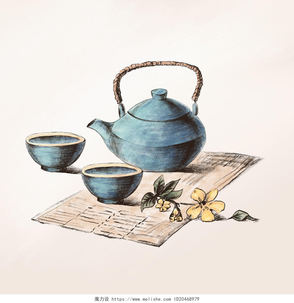 茶壶花茶茶叶手绘古风茶壶茶杯插画素材茶叶茶壶